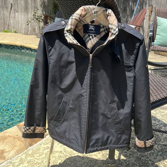 Burberry London Black 150A Jacket with Khaki Plaid Accents and Zipper Hood - Picture 1 of 16